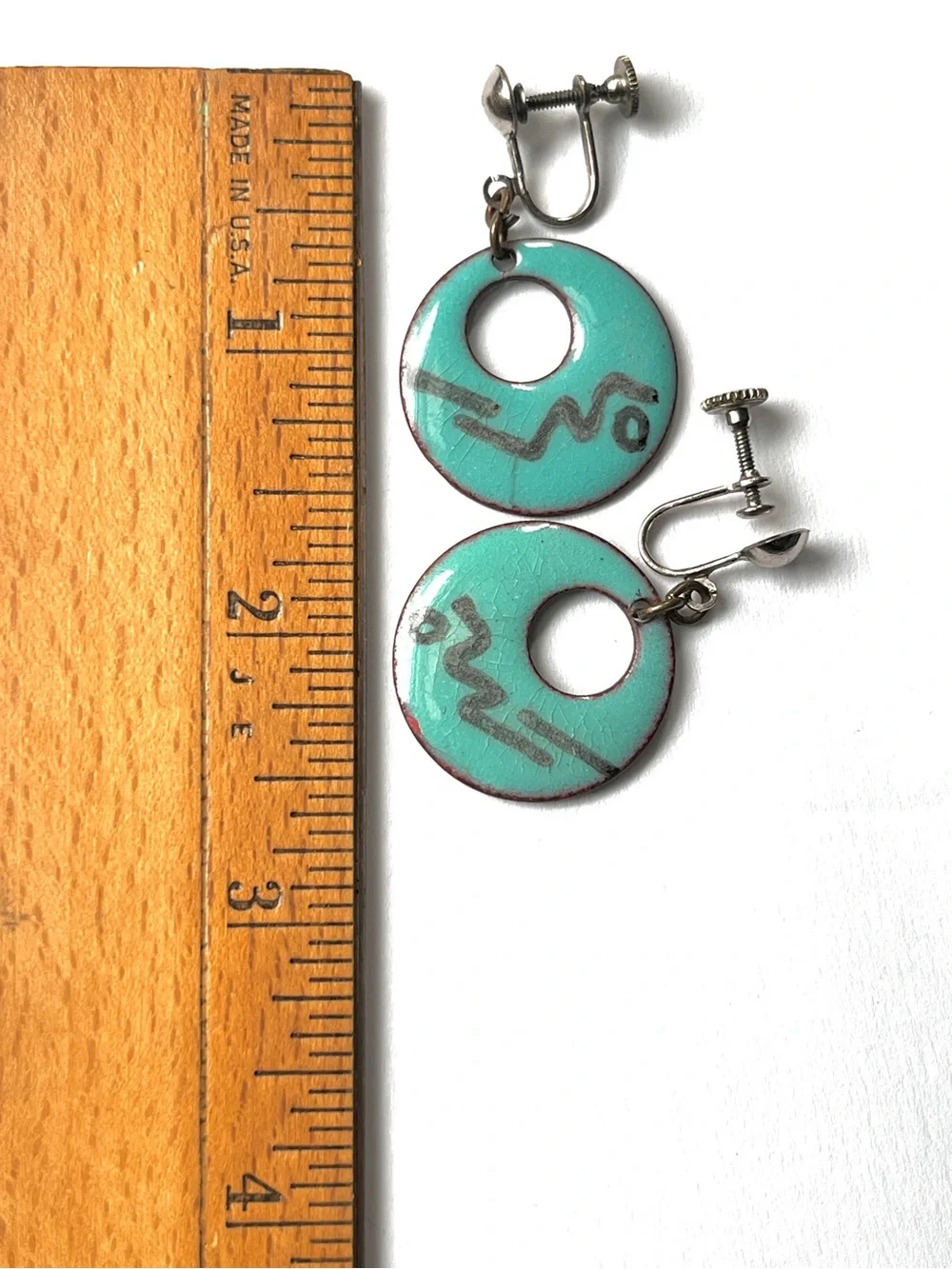 Vintage Earrings Turquoise Enamel Copper Squiggly Gray/Aqua Round Dangle Hoop